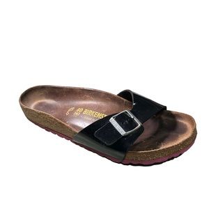 Birkenstock Madrid Black Patent Slides Slip on Birko Cork Women’s size 10/11